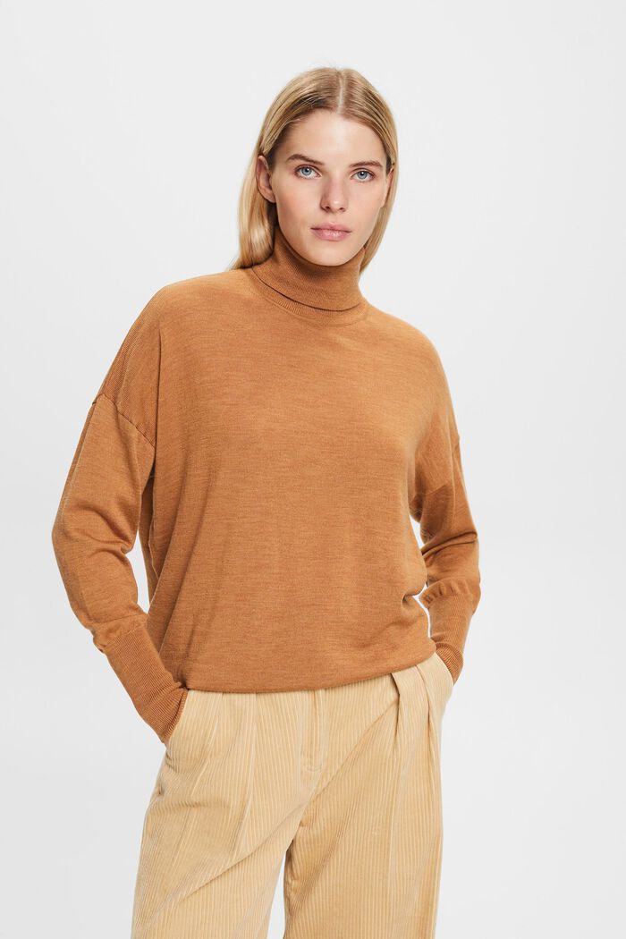 Oversizowy wełniany sweter z półgolfem, CARAMEL, detail image number 2