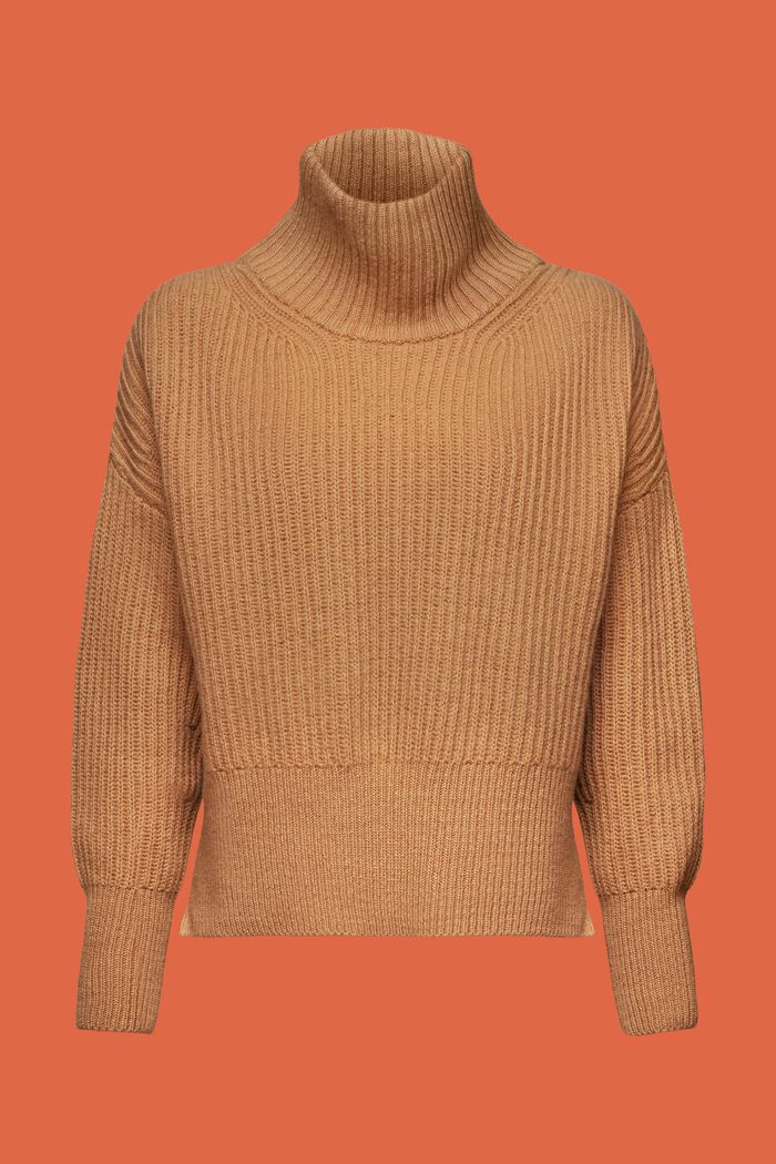 Sweter z półgolfem z prążkowanej dzianiny, CARAMEL, detail image number 6