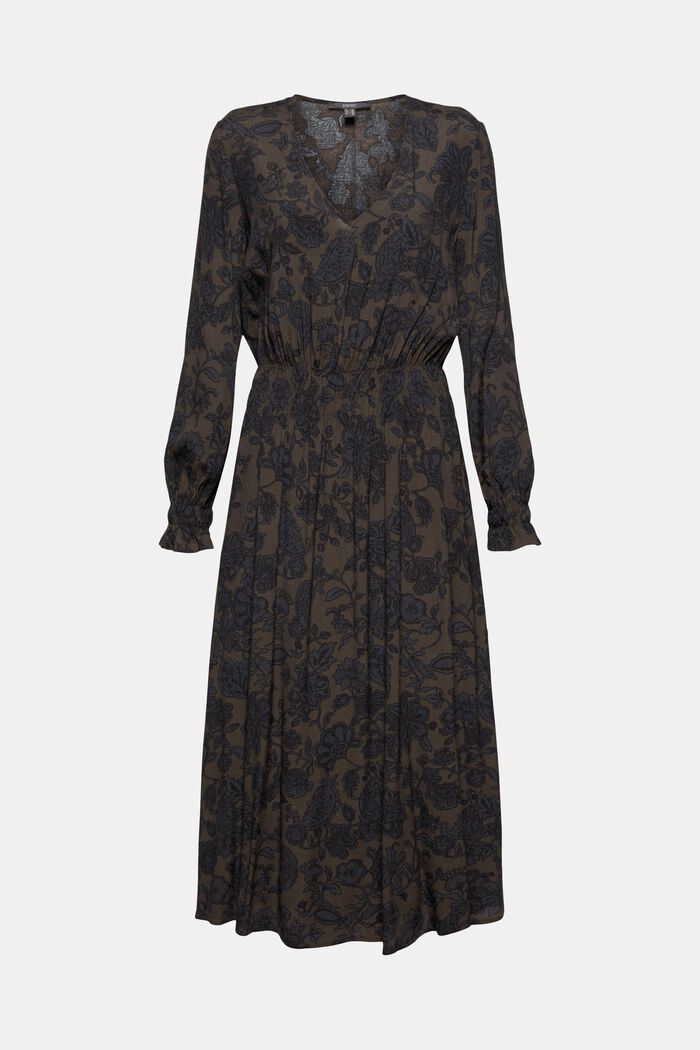 Kwiecista sukienka midi z marszczoną talią, DARK BROWN, detail image number 0