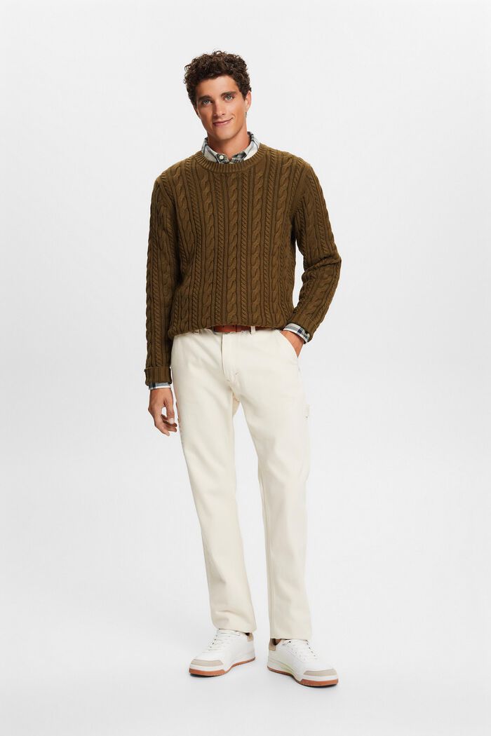 Sweter z bawełnianej dzianiny w warkocze, DARK KHAKI, detail image number 0