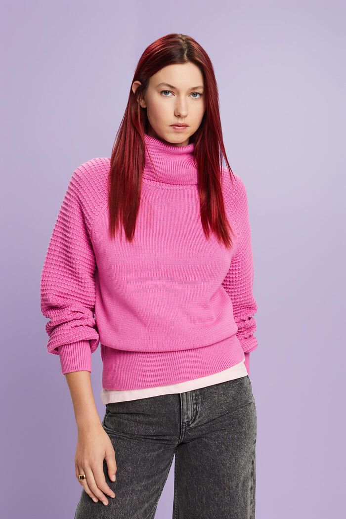 Sweter z półgolfem z bawełny, PINK FUCHSIA, detail image number 2