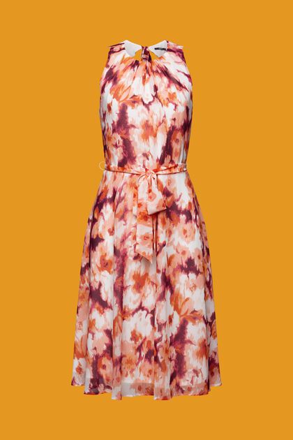 Wzorzysta szyfonowa sukienka z wiązanym paskiem