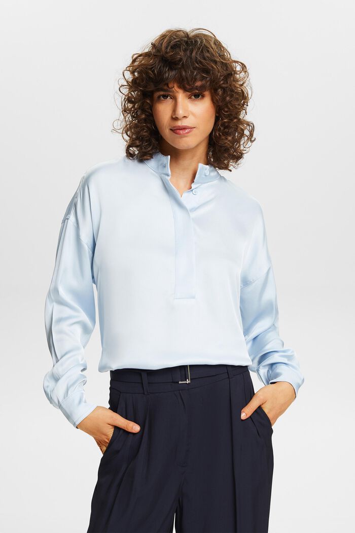 Satynowa bluzka ze stójką, LIGHT BLUE, detail image number 0