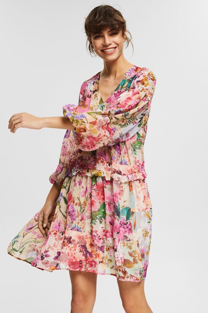 Z recyklingu: szyfonowa sukienka z kwiatowym wzorem, PINK FUCHSIA, overview