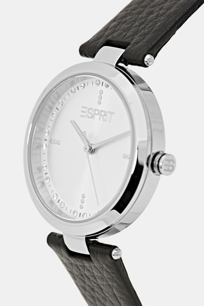 Zegarek ze skórzanym paskiem i cyrkoniami, BLACK, detail image number 1