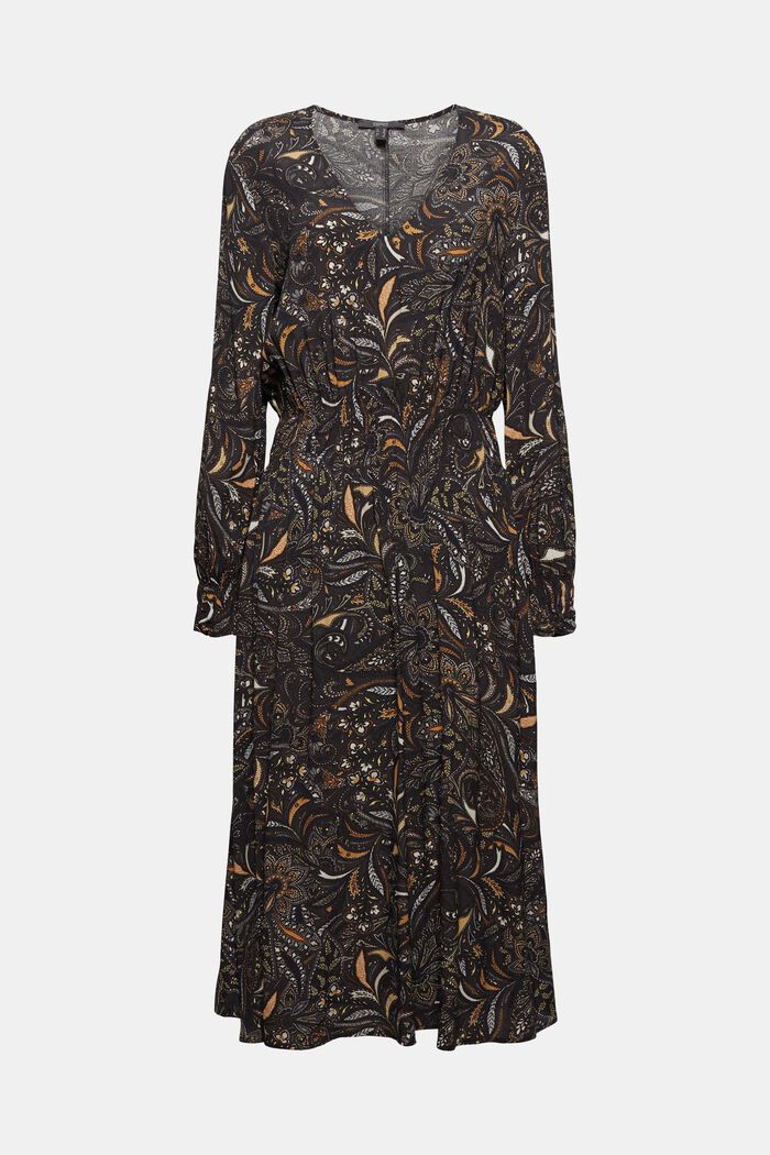 Kwiecista sukienka midi z marszczoną talią, BROWN, detail image number 0