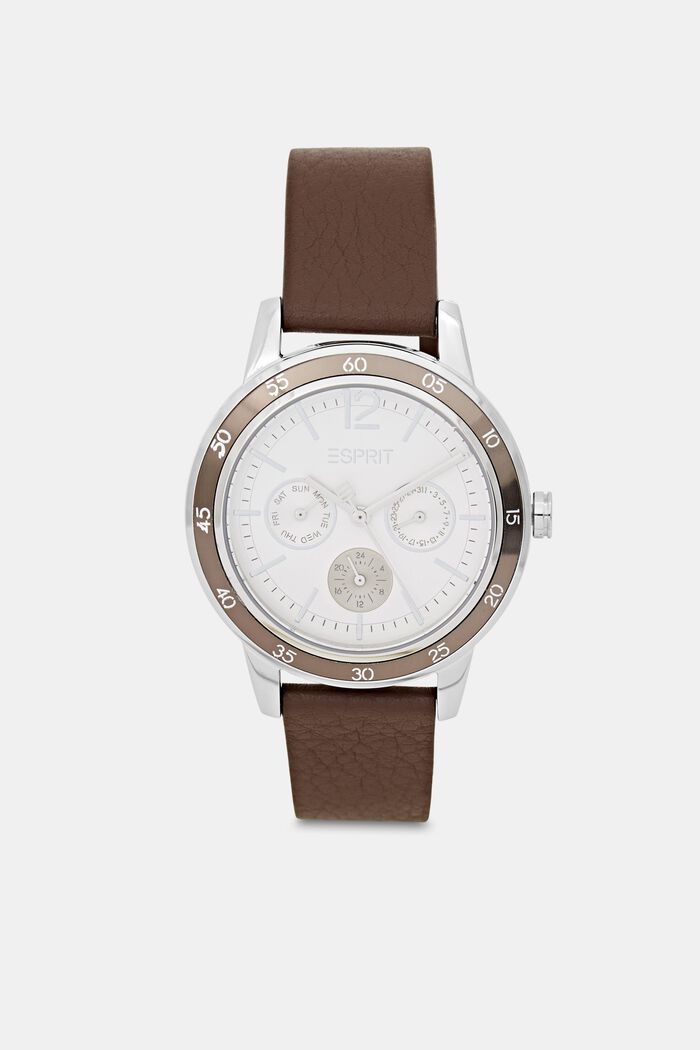 Wielofunkcyjny zegarek ze skórzaną bransoletką, DARK BROWN, detail image number 0