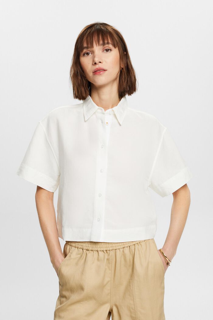 Skrócona bluzka koszulowa, mieszanka z lnem, WHITE, detail image number 0